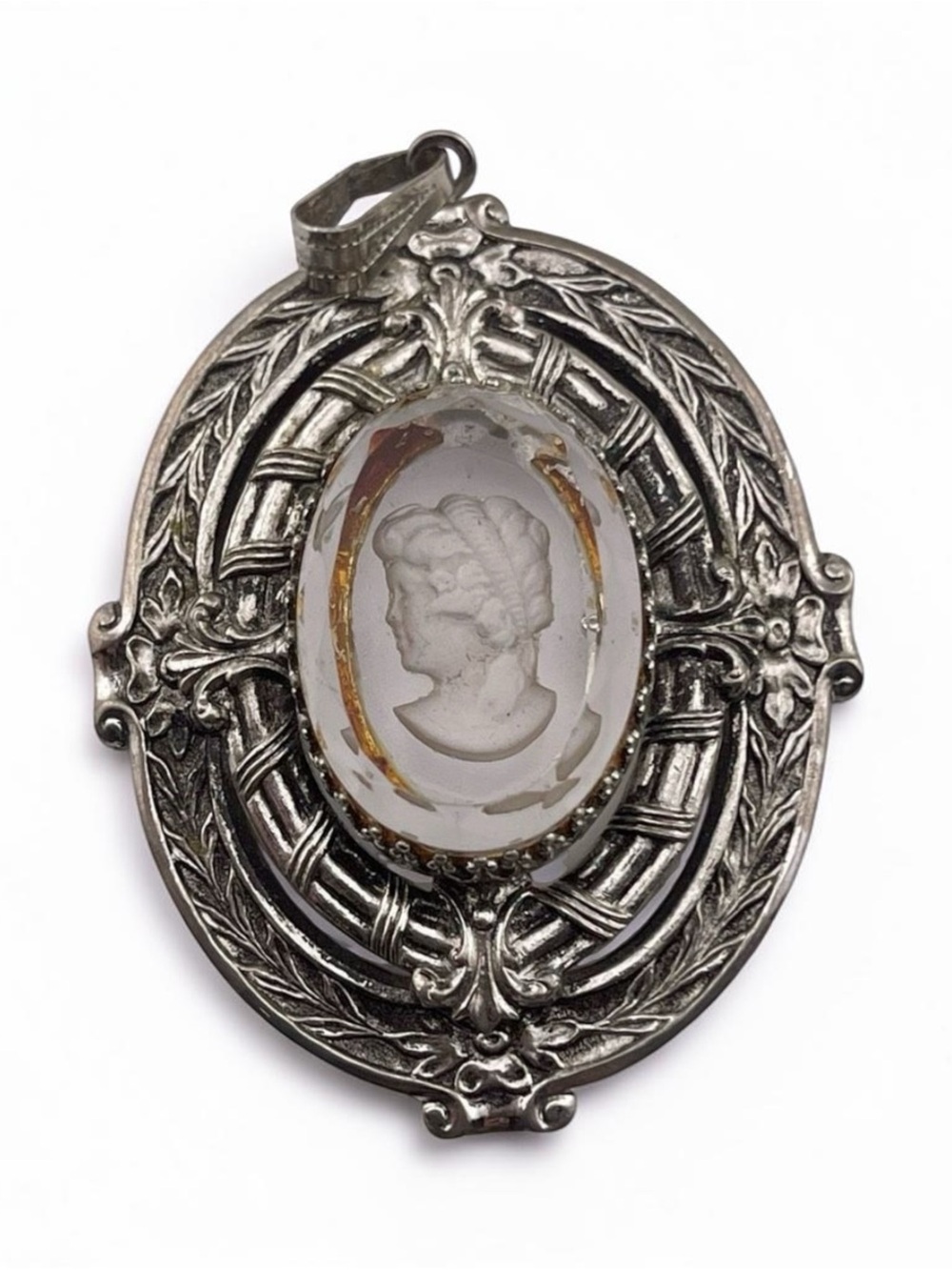 Glass Cameo Intaglio Pendant Silver Tone Vintage Left Facing